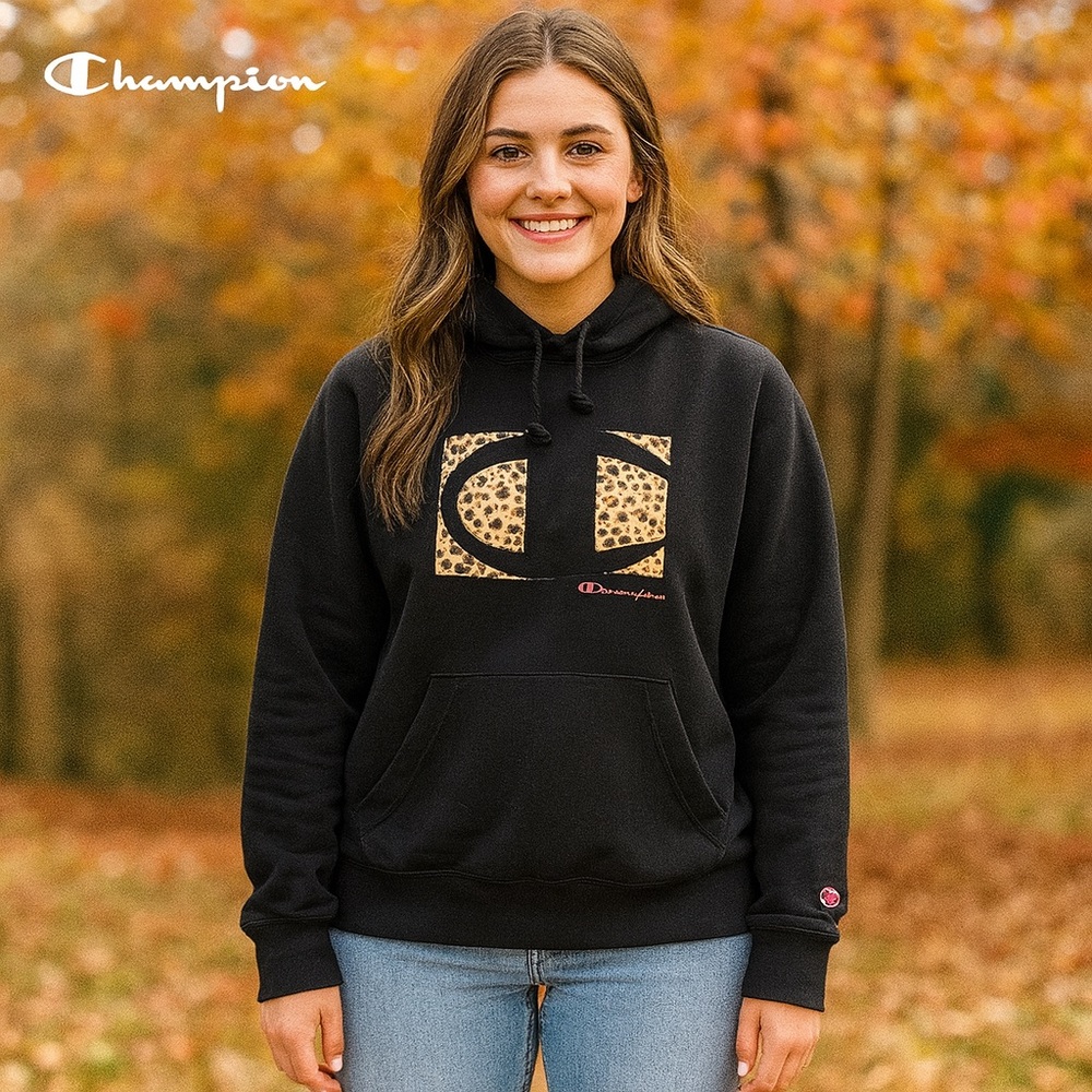 Champion Women's Black Hoodie with Leopard Logo